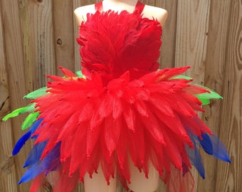 parrot dress, iago costume, Parrot costume, bird costume, parrot tutu, macaw costume, red feather skirt, Mardi Gras pageant dress