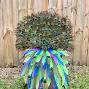 May include: A peacock feather costume with a large, colorful fan of feathers in shades of green, blue, and purple. The feathers are arranged in a circular pattern, creating a dramatic and eye-catching effect.