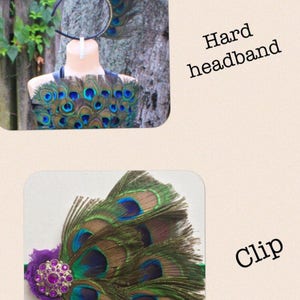 May include: Two peacock feather headbands. One headband is a hard headband with a black elastic band. The other headband is a clip with a purple fabric base and a rhinestone embellishment.