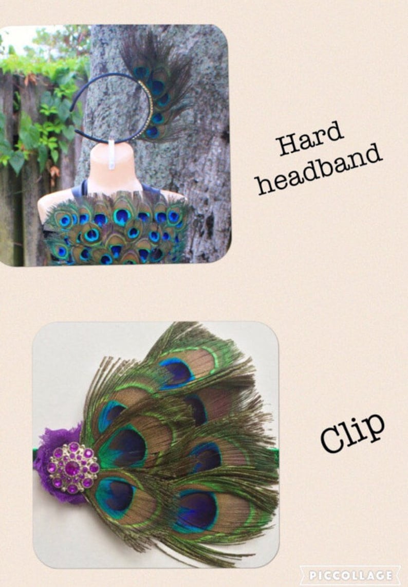May include: Two peacock feather headbands. One headband is a hard headband with a black elastic band. The other headband is a clip with a purple fabric base and a rhinestone embellishment.