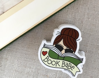 Book Babe Brunette Woman Vinyl Sticker / Gift for Reader / Laptop Sticker / Cute Girl Sticker / Bookworm Sticker / Waterproof Sticker