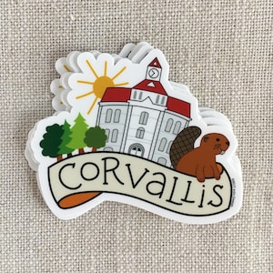 Corvallis Oregon Vinyl Sticker / Oregon Travel Sticker / Corvallis Courthouse / Illustrated Beaver / Water Bottle Sticker / Laptop Sticker
