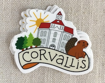 Corvallis Oregon Vinyl Sticker / Oregon Travel Sticker / Corvallis Courthouse / Illustrated Beaver / Water Bottle Sticker / Laptop Sticker