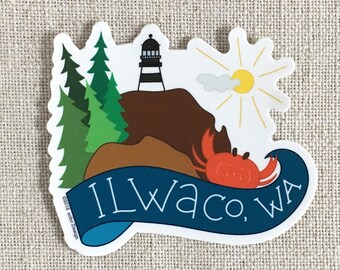 May include: A blue and white sticker with a lighthouse, trees, a crab, and the text "Ilwaco, WA".