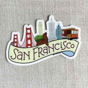A single illustrated San Francisco vinyl stickers, on a neutral background.