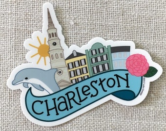 Charleston South Carolina Vinyl Sticker, Rainbow Row, Dolphin, Water Bottle Sticker, Laptop Sticker, Charleston Momento, Waterproof Sticker