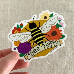 Bee Happy Vinyl Sticker / Cute Illustrated Honey Bee + Flowers / Fun Gift for Gardeners / Water Bottle Sticker / Cool Nature Laptop Sticker