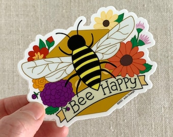 Bee Happy Vinyl Sticker / Cute Illustrated Honey Bee + Flowers / Fun Gift for Gardeners / Water Bottle Sticker / Cool Nature Laptop Sticker