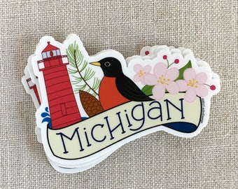 Michigan Vinyl Sticker / Modern Illustrated Michigan State Sticker / Hand Lettering / Michigan Bumper Sticker / Cool Sticker / Robin Sticker