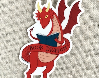 Book Dragon Vinyl Sticker / Reader Gift / Laptop Sticker / Reader gift for her / Book Lover Sticker / Waterproof / Cute Red Dragon Sticker