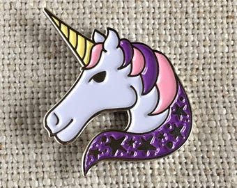 Unicorn Enamel Lapel Pin / Cute Purple + Pink Unicorn Pin / Flair / Unicorn Stars / Soft Enamel Pin / Illustrated Unicorn Pin / Gift for Her