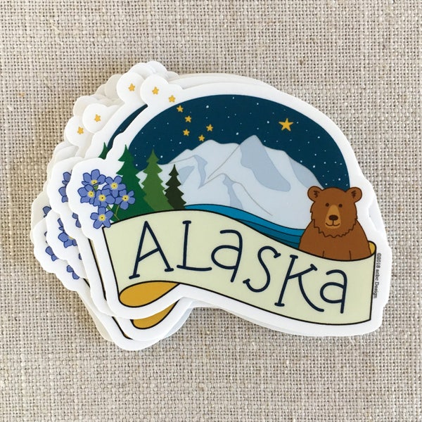 Alaska Vinyl Sticker / Denali / Forget Me Not Flower / Alaska State Gift / Grizzly Bear / Cool Water Bottle Sticker / Alaska Night Sky