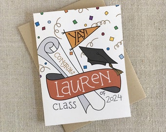 Custom Graduation Congrats Card / Class of 2024 / Custom Name and School Colors / High School College Grad / Hand Lettered Congratulations