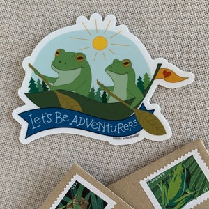 Lets Be Adventurers Vinyl Sticker / Cute Illustrated Frogs Sticker / Paddling Frogs / Water Bottle Sticker / Whimsical Animals Sticker image 4
