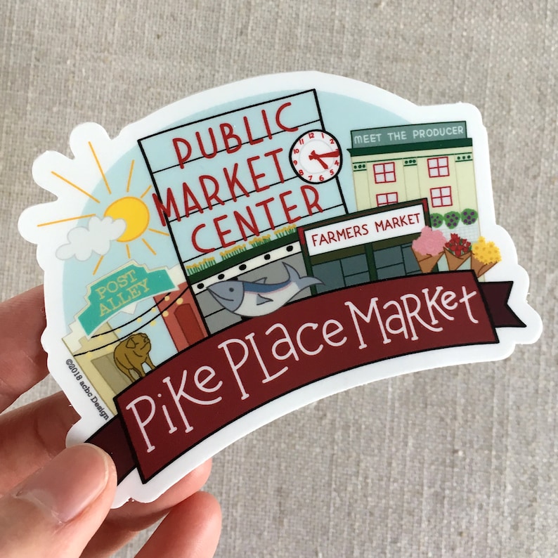 Pike Place Market Vinyl Sticker Seattle Washington Memento Cool Laptop Sticker Seattle Travel Sticker Illustrated Bumper Sticker
