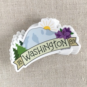Washington 1889 Vinyl Sticker / Illustrated Water Bottle Sticker / Mt Rainer / Rhododendron / Cool Laptop Sticker / Modern Travel Sticker