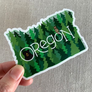 Oregon Forests Illustrated Vinyl Sticker / Illustrated Black Bear Spotted Owl / Cool Laptop Sticker / Modern Sticker / Oregon Travel Sticker