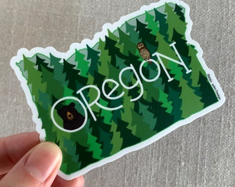 Oregon Forests Illustrated Vinyl Sticker / Illustrated Black Bear Spotted Owl / Cool Laptop Sticker / Modern Sticker / Oregon Travel Sticker