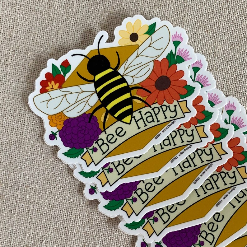 Bee Happy Vinyl Sticker / Cute Illustrated Honey Bee Flowers / Fun Gift for Gardeners / Water Bottle Sticker / Cool Nature Laptop Sticker 画像 4