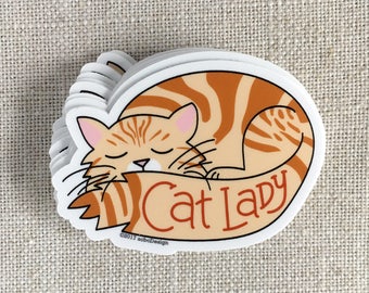 Cat Lady Tabby Kitty Vinyl Sticker / Sleepy Tabby Cat Sticker / Illustrated Kitty Cat Sticker / Water Bottle Sticker / Cool Laptop Sticker