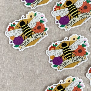 Bee Happy Vinyl Sticker / Cute Illustrated Honey Bee Flowers / Fun Gift for Gardeners / Water Bottle Sticker / Cool Nature Laptop Sticker 画像 3