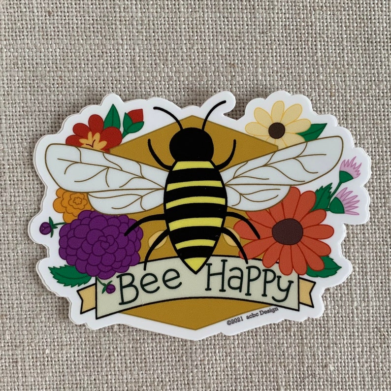 Bee Happy Vinyl Sticker / Cute Illustrated Honey Bee Flowers / Fun Gift for Gardeners / Water Bottle Sticker / Cool Nature Laptop Sticker 画像 2
