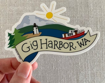 Gig Harbor Washington Vinyl Sticker, Mt Rainier, Water Bottle Sticker, Laptop Sticker, Cool Illustrated Sticker, Washington Sticker, PNW