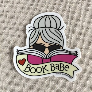 Book Babe Gray Hair Woman Vinyl Sticker / Reader Gift / Modern Sticker for Her / Cute Bookworm Sticker / Waterproof Water Bottle Sticker image 1