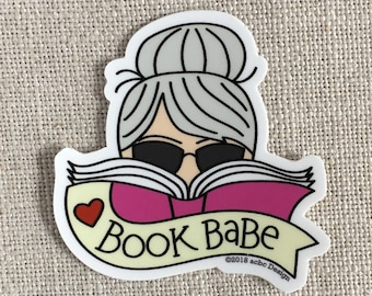 Book Babe Gray Hair Woman Vinyl Sticker / Reader Gift / Modern Sticker for Her / Cute Bookworm Sticker / Waterproof Water Bottle Sticker