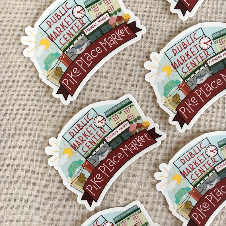 Pike Place Market Vinyl Sticker Seattle Washington Memento Cool Laptop Sticker Seattle Travel Sticker Illustrated Bumper Sticker