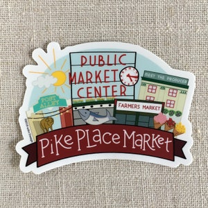 Pike Place Market Vinyl Sticker / Seattle Washington Memento / Cool Laptop Sticker / Seattle Travel Sticker / Illustrated Bumper Sticker