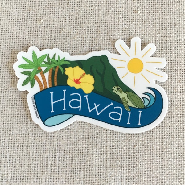 Hawaii Vinyl Sticker / Cool Hawaii Travel Sticker / Water Bottle Sticker / Cool Laptop Sticker / Sea Turtle / Diamond Head Illustration