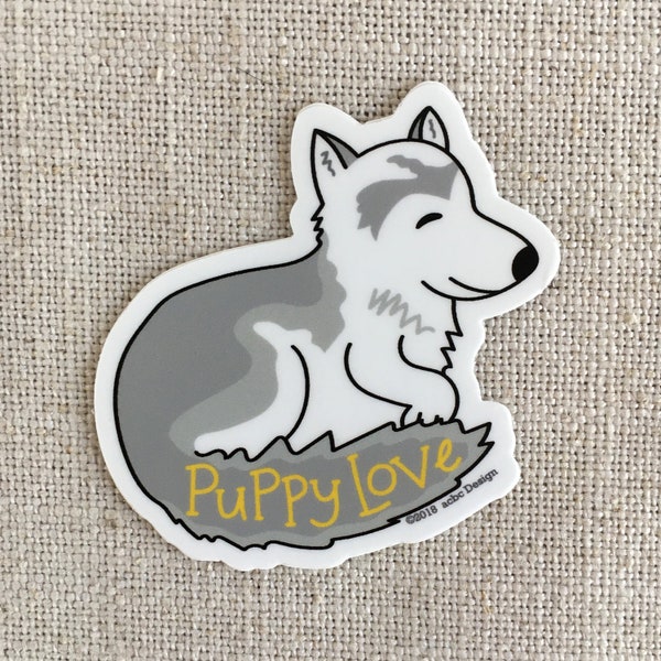 Puppy Love Husky Dog Vinyl Sticker / Cute Dog Sticker / Illustrated Gray Husky Puppy Sticker / Water Bottle Sticker / Cool Laptop Sticker
