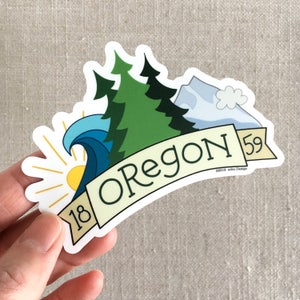 Oregon 1859 Vinyl Sticker / Illustrated Waterproof Sticker / Moutains Trees Ocean / Cool Laptop Sticker / Modern Sticker / Travel Sticker