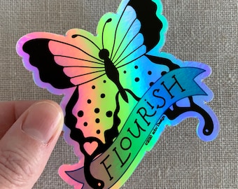 Flourish Butterfly Holographic Vinyl Sticker / Inspirational Sticker / Butterfly Gift for Girls / Cool Water Bottle Sticker / Waterproof