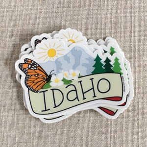 Idaho State Vinyl Sticker / Borah Peak / Monarch Butterfly / Syringa Flower / Water Bottle Sticker / Cool Laptop Sticker / Travel Sticker