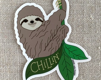 Chillin' Sloth Vinyl Sticker / Cute Illustrated Three Toed Sloth / Cute Gift for Her / Fun Laptop Sticker / Weather Resistant Sticker