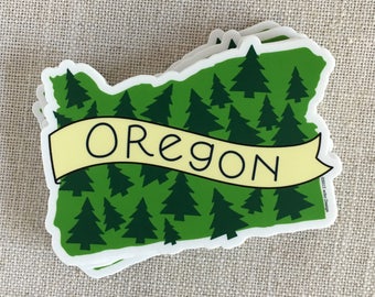 Oregon Trees Illustrated Vinyl Sticker / Hand Lettered Waterproof Sticker / Cool Laptop Sticker / Modern Sticker / Oregon Travel Sticker