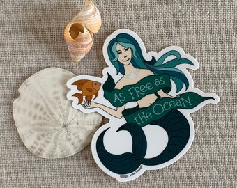 Mermaid As Free as the Ocean Vinyl Sticker / Illustrated Mermaid Sticker / Hand Lettered / Water Bottle Sticker / Inspirational Quote