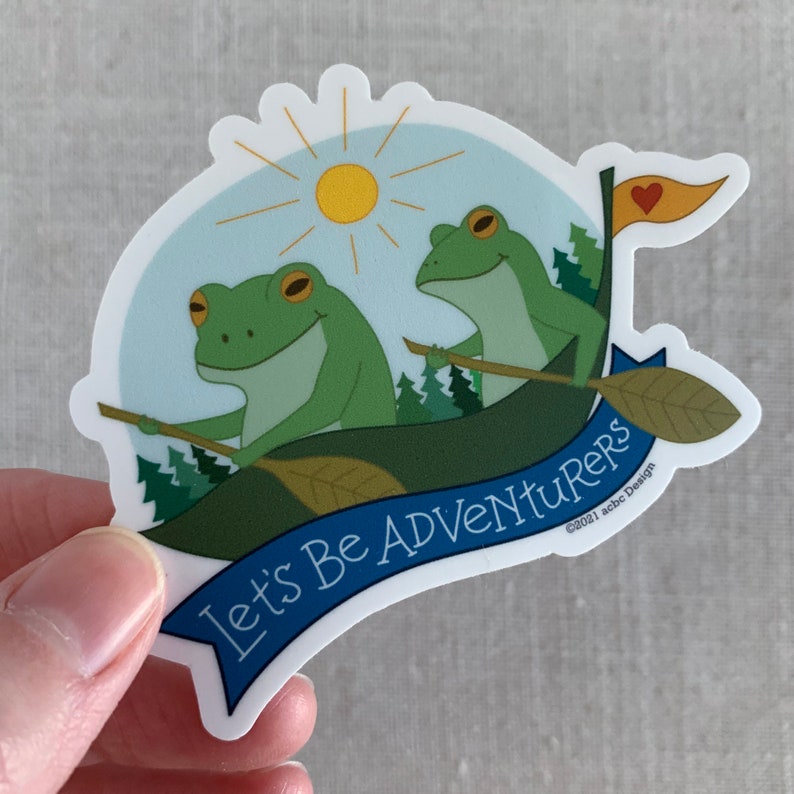 Lets Be Adventurers Vinyl Sticker / Cute Illustrated Frogs Sticker / Paddling Frogs / Water Bottle Sticker / Whimsical Animals Sticker image 3