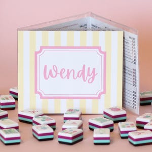May include: A personalized sign with the name "Wendy" in pink script, set against a yellow and white striped background. Small, colorful game pieces with floral designs are scattered in front of the sign, creating a playful and decorative scene.