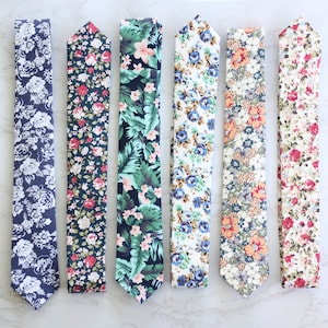 Cotton Floral Skinny Neck Ties - Lots of Styles - Father's Day Wedding Prom Baptism Husband Son Teenager Boy Green White Grey Blue Red Black