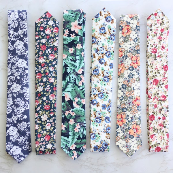 Cotton Floral Skinny Neck Ties - Lots of Styles - Father's Day Wedding Prom Baptism Husband Son Teenager Boy Green White Grey Blue Red Black