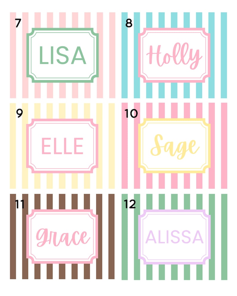 Puede incluir: Seis tarjetas con nombres con fondos de rayas pastel. Cada tarjeta presenta un nombre diferente en una fuente decorativa dentro de una etiqueta enmarcada. Los nombres incluyen Lisa, Holly, Elle, Sage, Grace y Alissa.