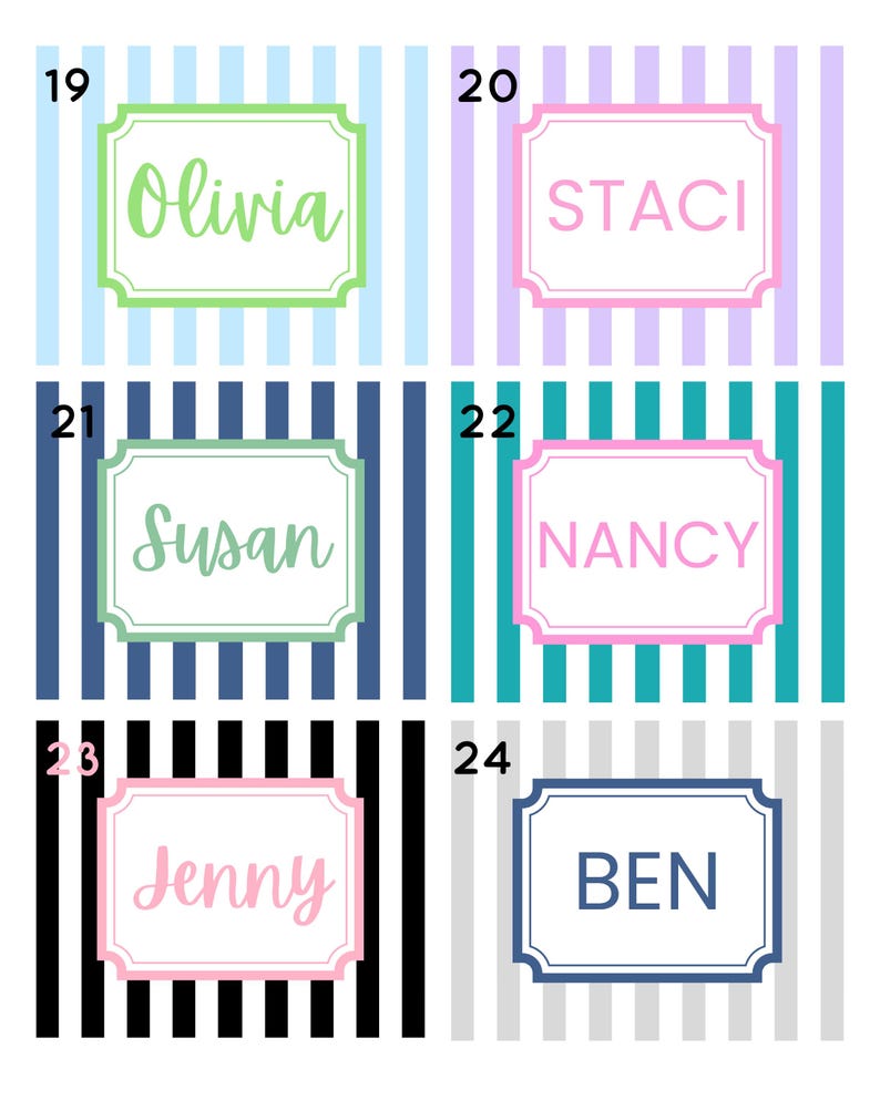 Puede incluir: Una colecci&oacute;n de seis etiquetas con nombres diferentes, cada una con un color y fuente &uacute;nicos. Las etiquetas est&aacute;n sobre un fondo a rayas. Los nombres incluyen Olivia, Staci, Susan, Nancy, Jenny y Ben.