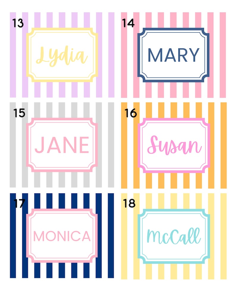 Puede incluir: Una colecci&oacute;n de etiquetas con nombres personalizados, incluyendo "Lydia", "Mary", "Jane", "Susan", "Monica" y "McCall". Cada etiqueta presenta un esquema de color &uacute;nico y un fondo a rayas.