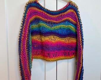 Hand Knit Shredded Crop Dropstitch Sweater