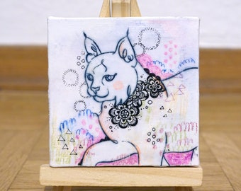 Bobcat - Mixed media mini canvas with easel stand, Animal painting