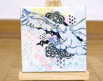Bald eagle - Mixed media mini canvas with easel stand, Animal painting