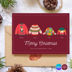 BEWERKBARE foto kerstkaartsjabloon - feestelijke "lelijke trui", aanpasbare kerstkaart, voor- en achterkant, grappig, instant digitale download